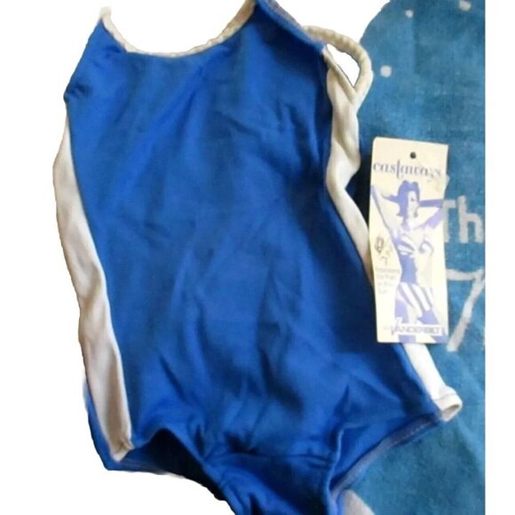 Vintage 1980's GIRLS 3 Swimsuit BLUE/WHITE 1 Piece swim suit CASTAWAYS NOS